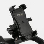 Black Pride Mobility cell phone holder mounted on a mobility scooter handlebar