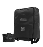 Large black Jazzy travel bag covering a power chair beside a smaller black Jazzy battery bag