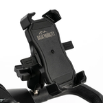 Black Baja Mobility cell phone holder mounted on a scooter handlebar