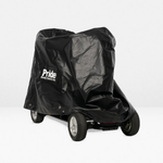 Black Pride Mobility weather cover draped over a mobility scooter with its wheels visible