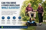 Power wheelchair with elevated seat being driven indoors
