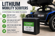 Lithium-powered mobility scooter with removable battery pack for travel