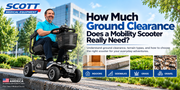 Mobility scooter on outdoor terrain showing ground clearance under the frame
