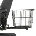 Black Jazzy rear basket mounted behind a power chair with deluxe contour seating
