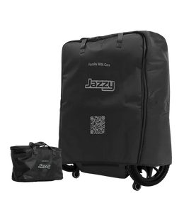 Large black Jazzy travel bag covering a power chair beside a smaller black Jazzy battery bag