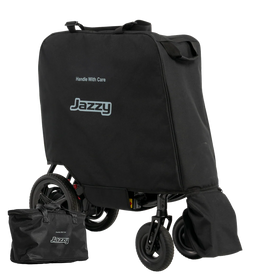 Black Jazzy travel bag covering a power chair, with a smaller battery bag and wheel cover