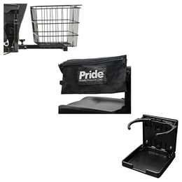 B Style Scooter Accessory Kit showing a black rear basket, Pride saddle bag, and open cup holder