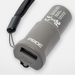 Gray Pride XLR USB charger with a USB-A socket and attached black lanyard