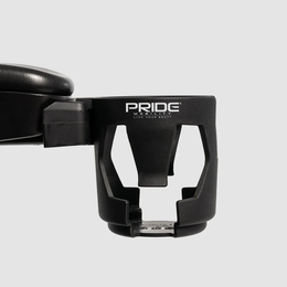 Black Pride Mobility cup holder mounted beside a mobility chair armrest