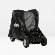 Black Pride Mobility weather cover draped over a mobility scooter with its wheels visible